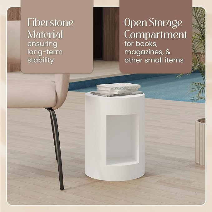 LeisureMod 14” Wide White Round Side Table in Fiberstone with Open Storage, Painted Finish, for Modern Indoor Outdoor Use, Living Room, Bedroom, Patio, Garden