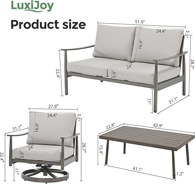 4 Pieces Patio Furniture Set, Aluminum Outdoor Patio Furniture Sets, 2 Swivel Chairs and Loveseat with Thick Cushion, Patio Conversation Set for Backyard Deck Poolside, Greige & Grey