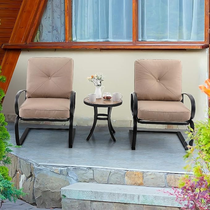 PHI VILLA Outdoor Round Side Table Set of 2, 19" Small Metal End Table with Wood Top, Outside All Weather Coffee Bistro Table for Patio, Deck, Porch, Balcony, Indoor