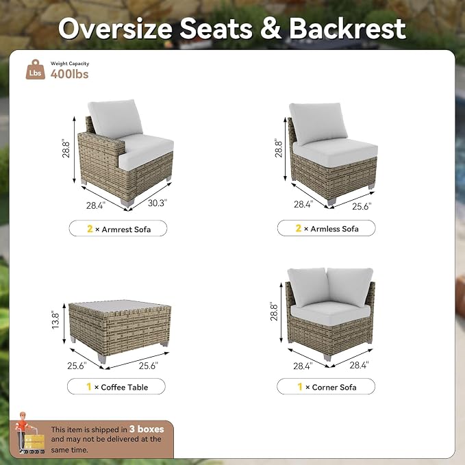 LET'S PATIO Luxury Patio Furniture Set, 6 Piece Outdoor Furniture Set, All-Weather Patio Sectional Sofas with Thickened Cushions, Grey