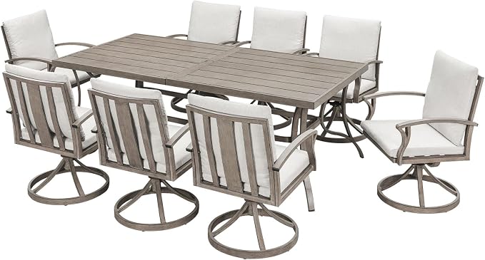 9-Piece Patio Dining Set for 8, Never Rusts Aluminum Outdoor Swivel Dining Set with Cushions, Outdoor Dining Set, Patio Table and Chairs Furniture Sets for Deck, Garden Yard, Limed Oak