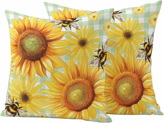 Outdoor Throw Pillow Covers,Pastoral Sunflower Bee Waterproof Decorative Pillowcases Cushion Cover Spring Daisy Floral Buffalo Plaid Pillow Cases for Patio Couch Sofa Bed,24x42in Set of 2