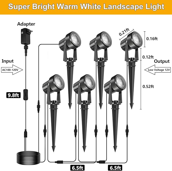 LED Spotlights Outdoor,Low Voltage Landscape Lighting IP65 Waterproof with US Plug, 3000K Warm White Outdoor Spot Lights for Yard Flag Pole House Garden Tree(6-in-1)