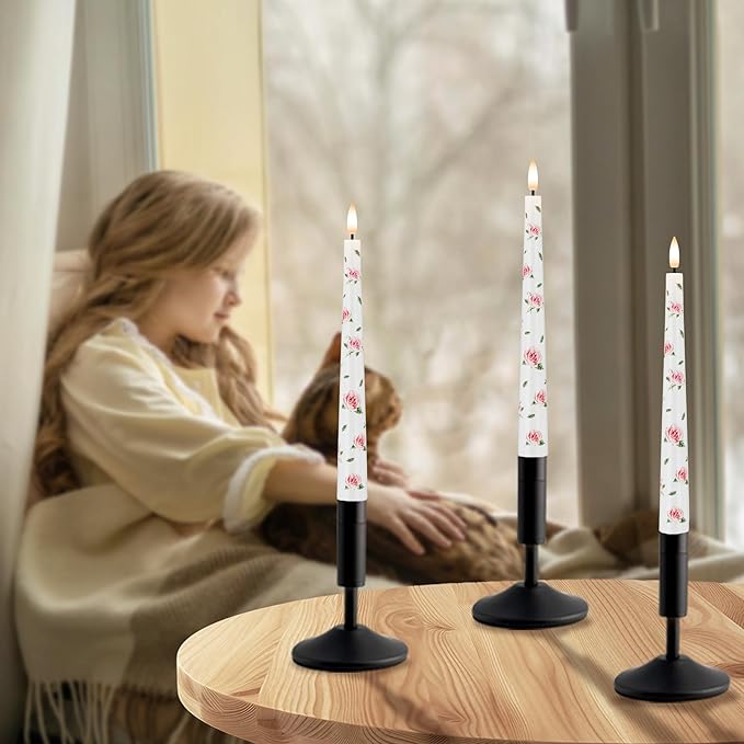 Rose Flameless Taper Candles, 9.6" Real Wax LED Candles with Remote, 3 Pack Flickering Battery Operated Candlesticks for Proposal Wedding Anniversary Romantic Night