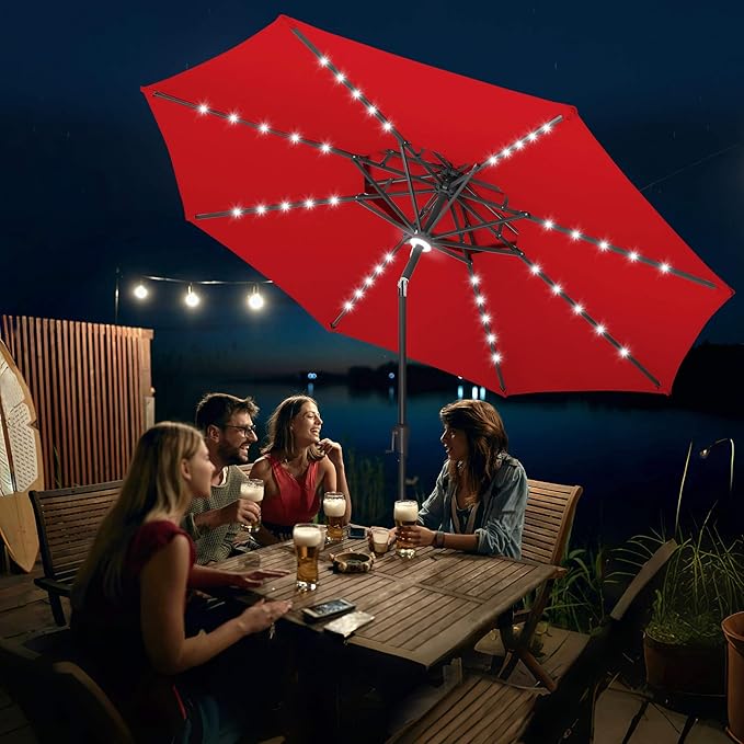 FLAME&SHADE 2 Tiers 9ft Solar Light Patio Umbrella, 40 LED lights outdoor umbrella with Centre Surround Light, Table Market Umbrella for Deck, Pool, Porch, Backyard, Garden (Red)