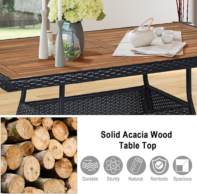 Tangkula 5 Piece Wicker Patio Dining Set, Outdoor Rattan Table & Chairs Set with Padded Cushions, Patio Furniture Dining Acacia Wood Table Set for Balcony Patio Garden Poolside