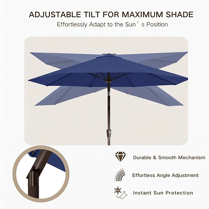 Kingdura 10FT Outdoor Patio Umbrella, Market Table Umbrella with Push Button Tilt and Crank, 8 Sturdy Fiberglass Ribs, UV Protection for Pool, Lawn, Deck, Backyard, Garden (Navy blue)