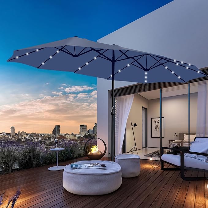 15ft Double Sided Patio Umbrella with Solar Lights, Outdoor Large Umbrellas with Crank Handle and 36 LED Lights, Rectangular Market Umbrella with Base Included for Deck Pool Shade (With Base)