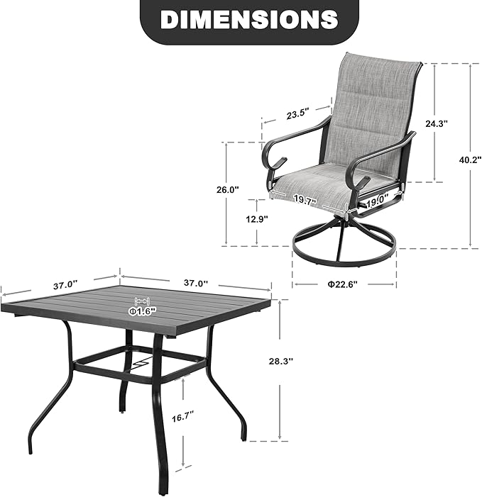 NUU GARDEN 5-Piece Padded Textilene Outdoor Dining Set, Slatted Outdoor Table and Chairs with Swivel Base, All Weather Patio Furniture Set with Umbrella Hole for Backyard, Garden, Light Gray