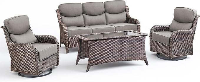 Luxury 4 Pieces Patio Furniture Set-Outdoor Swivel Rocker Patio Chairs with 6" Extra Thick Cushions, High Back Outdoor Couch and Coffee Table, Wicker Conversation Sets for Porch Deck(Brown/Grey)