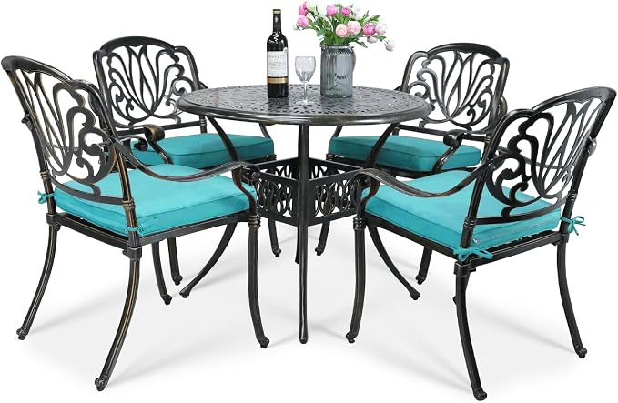 VIVIJASON 5-Piece Outdoor Patio Dining Set, All-Weather Cast Aluminum Conversation Set, Patio Furniture Set Include 4 Cushioned Chairs, a 35.4 inch Round Table w/Umbrella Hole, Ocean Blue Cushion
