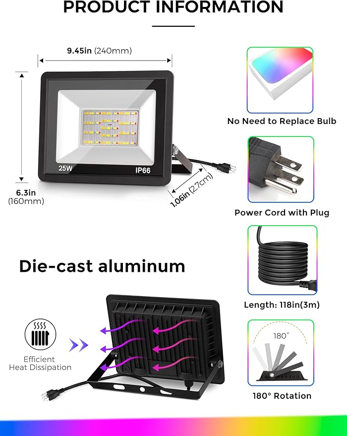 L LOHAS LED RGB LED Flood Light Outdoor, 25W DIY Color Changing Party Lights with Remote, Auto ON/OFF Yard Light, IP66 Waterproof Landscape Floor Strobe Light, 9.84FT cord Uplights for Christmas 2Pack