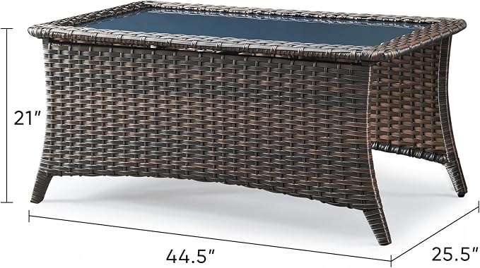 Patio Coffee Table for Outdoor Furniture Set - Easily Clean Wicker Side Tables with Smooth Black Tempered Glass Tabletop for Outside Wicker Rocking Swivel Chairs in Porch Deck Yard - Brown