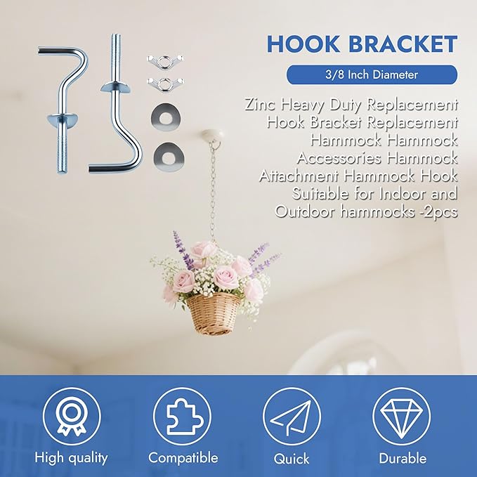 No Rust 3/8 Inch Diameter 2 Pcs Hammock Hooks Galvanized Zinc Hook Heavy Duty Metal Indoor Outdoor Hammocks Replacement Silver Hooks for 1-1/4 to 2 Inch Stand Holes Home Hardware Accessories