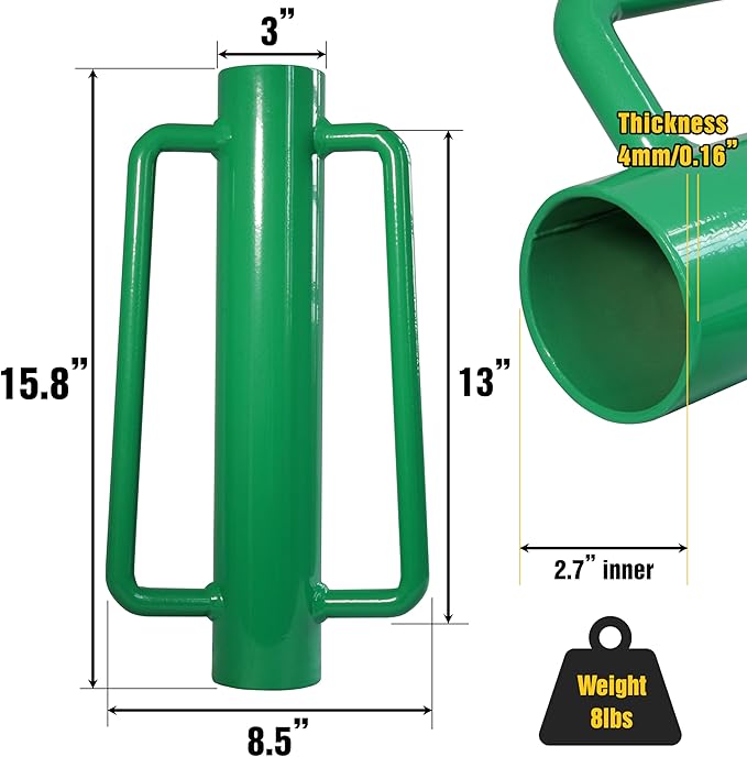 VASGOR Fence Post Driver, Heavy Duty Hand Post Pounder with Handle - Use for Metal U Posts, T Posts, Garden Fence (8 LBS)