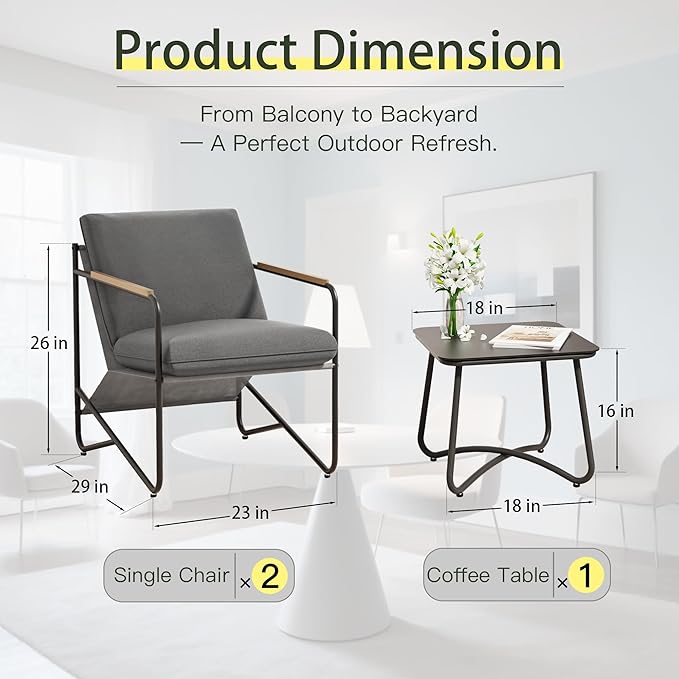 3-Piece Patio Furniture Set, Compact Outdoor Conversation Set with 2 Chairs and Glass Table, Weather-Resistant for Apartment Patio, Small Spaces, Balcony, Backyard – Grey