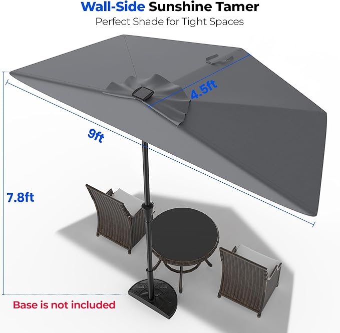 HOMSHADE 9FT Half Patio Umbrella with Solar LED Lights for Outdoor, Waterproof Half Umbrella for Small Spaces, Balcony, Deck(Dark Grey)
