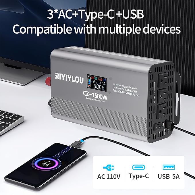 1500W Pure Sine Wave Inverter (3000W Peak), 12V/24V Auto-Detect, 50Hz/60Hz Switchable, LCD Display, Type-C Fast Charging, Silent Design, Overload & Overheat Protection for RV, Home