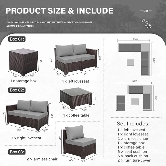 Valita Wicker Patio Furniture 6 Pieces Outdoor Sectional Sofa Patio Conversation Sets with Storage Bin Glass Table and Non-Slip Cushions and Furniture Covers, Light Grey