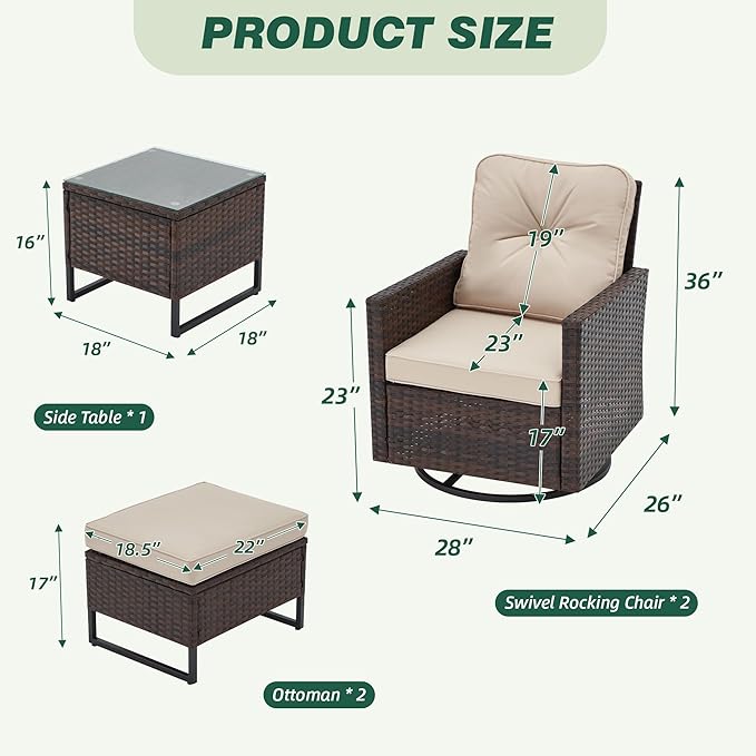 AVAWING 5 Pieces Patio Furniture Set, Wicker Swivel Glider Chairs with 2 Ottomans and 1 Side Table, Patio Chairs with Waterproof Blue Cushions for Garden, Backyard and Porch,