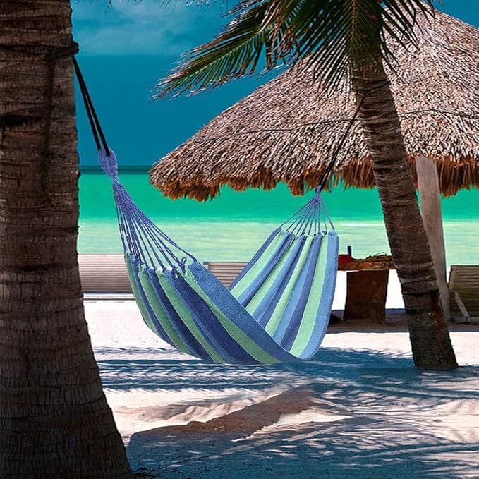 Camping Hammock,Portable Garden Hammock,Extra Long and Wide Brazilian Hammock Canvas Cotton Hammock with Carrying Bag for Patio Yard & Backyard &Porch & Outdoor/Indoor (Blue & Green Strip)