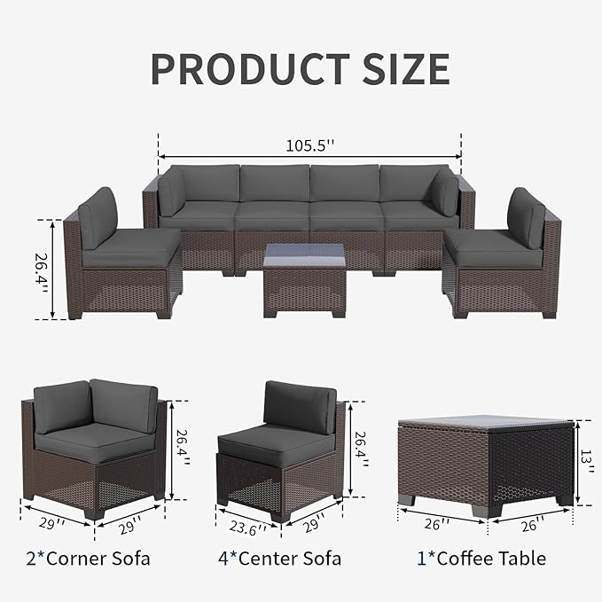 7 Piece Patio Furniture Set, Wicker Patio Conversation Sets, Outdoor Sectional Furniture with Tempered Glass Table, for Backyard, Deck, Garden, Dark Brown Rattan & Dark Gray Cushions