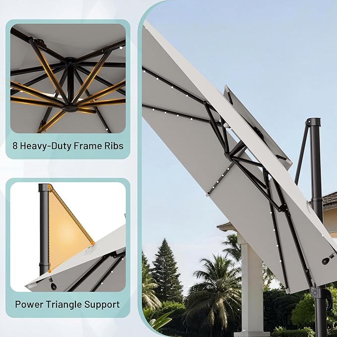 AreShark 10×10FT Solar LED Cantilever Umbrella, Double-Top Outdoor Patio Offset with 360 Degree Rotation, Square Offset Hanging Umbrella for Garden Deck Pool, Light Grey