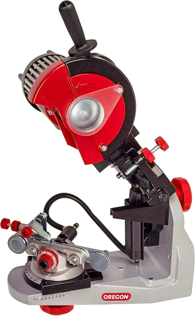Oregon Professional 120-Volt Bench Grinder with Hydraulic Clamping, Universal Saw Chain Sharpener & Tripod Bench Chainsaw Chain Grinder Stand, Height Adjustable Sturdy Portable Safe Platform