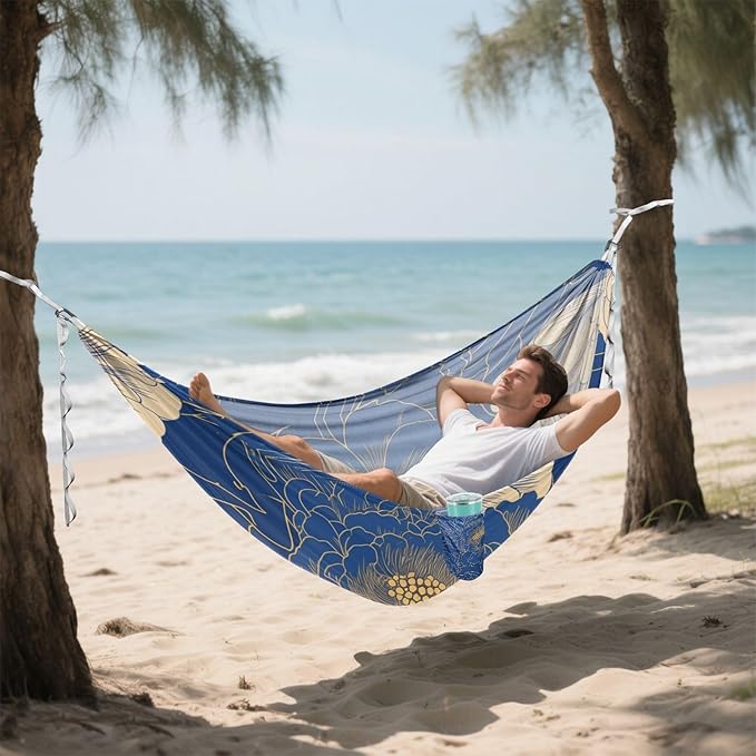 Navy Blue Gold Peony Floral 330lb Capacity Camping Hammock Cloth Hammock for Indoor Outdoor Patio hamacas para adultos