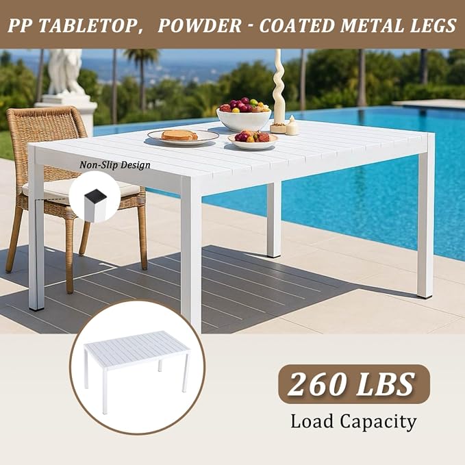 55 Inch White Modern Long Table, Indoor Outdoor Multi-Purpose Dining Table, Lightweight PP Tabletop with Metal Legs for Kitchen, Courtyard, Terrace Gatherings, Patio, Garden