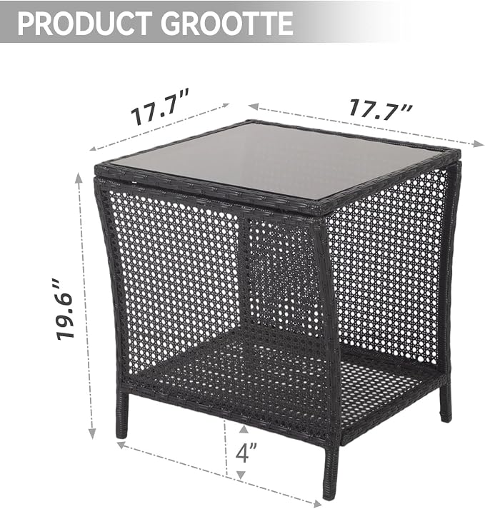 Kinfant Outdoor Wicker Side Table with Tempered Glass Top – 17.7" Square Patio End Table with Unique Handwoven Rattan, Storage Shelf for Balcony, Porch, Deck, Garden, Easy Assembly