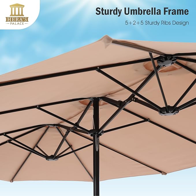 HERA'S PALACE Umbrella Patio Outdoor with Base 15ft Rectangle Table Double Market Umbrellas Clearance Large Included Stand for Deck Outside Pool Picnic Inground Yard Commercial, Beige