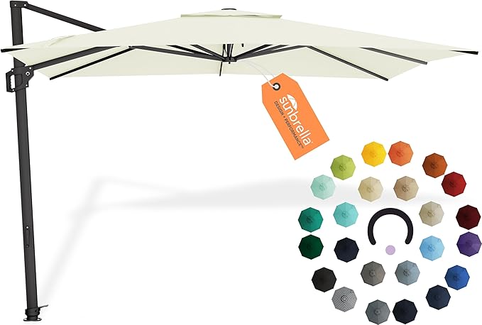 Midtown Umbrellas The Grande Square 9 x 9 FT Outdoor Cantilever Patio Umbrella w/Sunbrella Canvas Natural Acrylic Fabric - 8 Rib Aluminum Frame Offset w/Tilt & 360° Rotate Pedal System - Black Frame