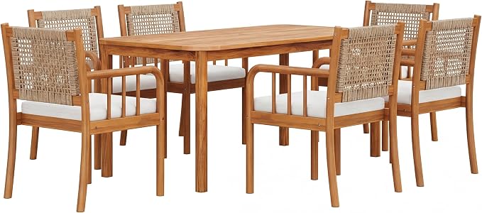 Christopher Knight Home Vera Acacia Wood Outdoor Dining Set for 6, 7 Piece Patio Dining Table and Chair Set, Wooden Outdoor Dining Armchair and Table Set, Teak+Cream