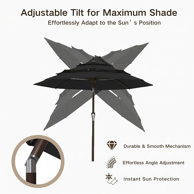 Kingdura 10ft 3-Tier Patio Umbrella, Outdoor Table Umbrella with Easy Crank & Tilt, 8 Reinforced Ribs, UV Protection for Deck, Pool, Market, Backyard (Black)