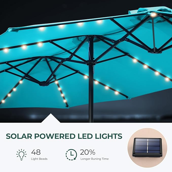 HOMSHADE Double Sided Patio Umbrellas - 15ft Solar Lights LED Lighted Outdoor Extra Large Market Table Umbrella with Base Included, Oversized Umbrella for Deck, Pool, Backyard