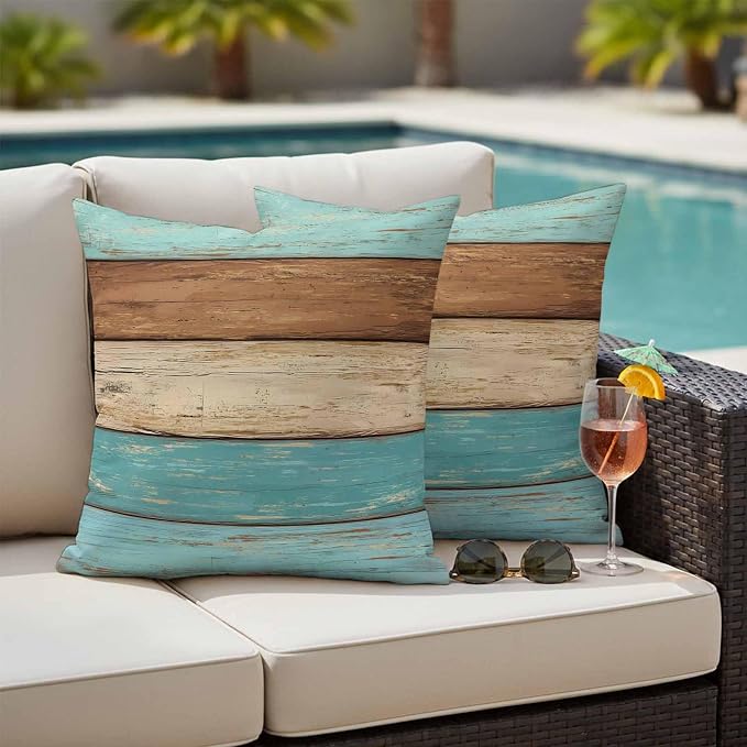 Farmhouse Aqua Brown Outdoor Waterproof Pillow Covers, Vintage Wooden Striped Decorative Square Throw Pillowcase Sofa Cushion Sham for Patio/Couch/Chair, 26"x26" 2 Pack