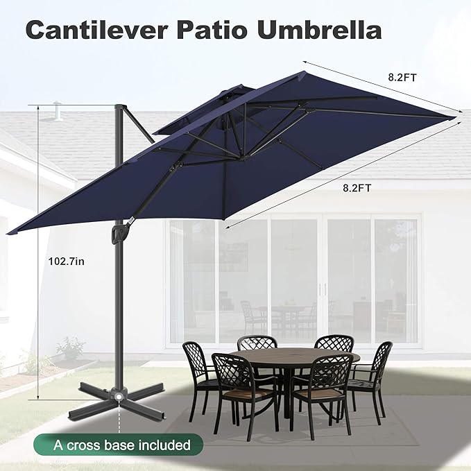 FLAME&SHADE 8.2 X 8.2 FT Square Cantilever Patio Umbrella - Large Offset Umbrella Outdoor Patio with 360-Degree Rotation and 3-Year Fade Resistance Fabric for Deck Pool Backyard Garden, Dark Blue
