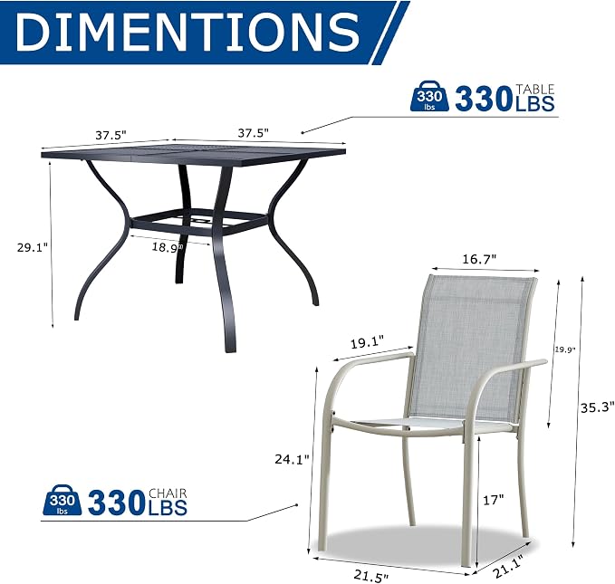 5 Piece Outdoor Dining Set, Patio Table and Chairs Set of 4, 37.5" Black Square Patio Table with 4 Beige Blue Stackable Patio Chairs for Lawn, Garden, Porch