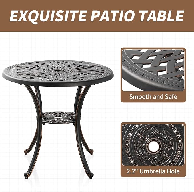 Outdoor Table Patio Table with Umbrella Hole, Round Bistro Table for Lawn Garden, All Weather Metal Black Patio Dining Desk (31.5“, Round)