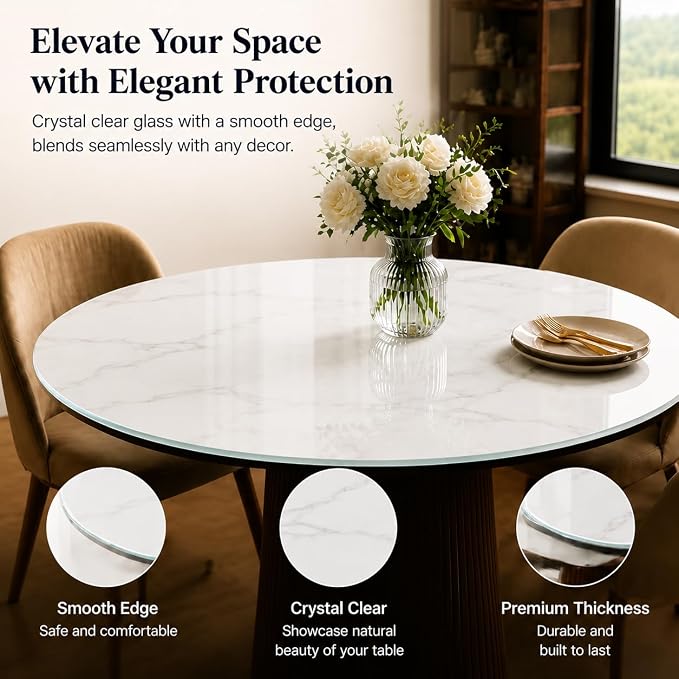 24" Round Tempered Glass Table Top, 5/16" (8mm) Thick, Marble Pattern Replacement, Heavy-Duty, Heat & Scratch Resistant for Coffee, Dining & Patio Tables, White