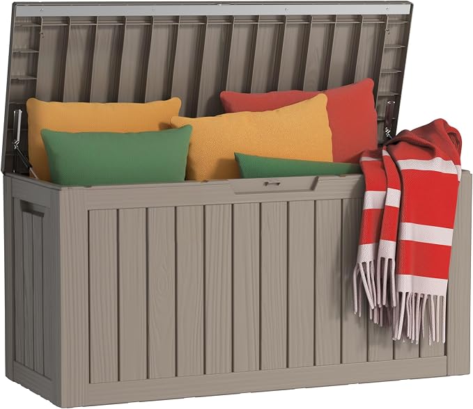 PatioZen 85 Gallon Deck Box Outdoor, Weatherproof Resin Patio Storage Box, Waterproof Outdoor Storage Boxes with Lid Lockable for Cushions, Garden Tools,Grey