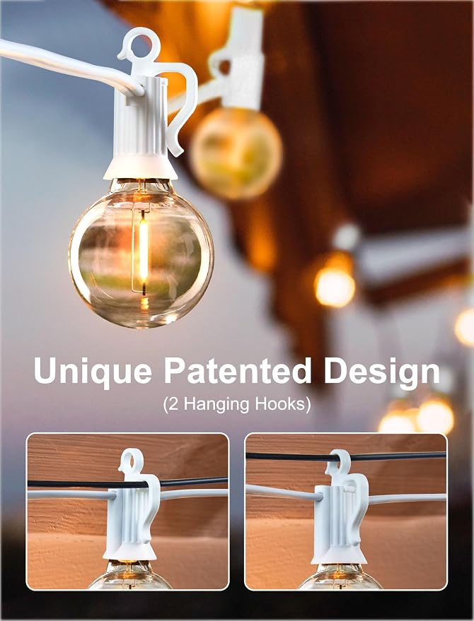Brightown Outdoor String Lights, 29FT G40 LED IP65 Waterproof Patio Lights | 12 Shatterproof Edison Bulbs, Plug-In, Dimmable, Connectable, Hanging Light for Backyard Porch Party Decorative, White Wire