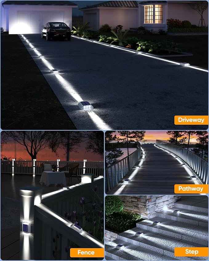 DetarZinLED Deck Lights Solar Powered, 8 Pack White Solar Pathway Driveway Light Outdoor IP68 Waterproof, Stick on & Screw Markers Deck Lights for Dock, Walkway, Sidewalk, Patio, Pool, Garden, Step