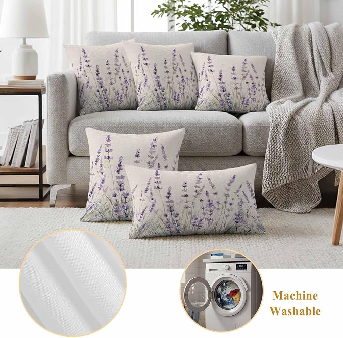 Spring Flower Outdoor Waterproof Throw Pillow Covers Set of 2, 16"x16", Vintage Purple Lavender Linen Texture Decorative Pillow Covers Outside Cushion Case for Patio Porch Garden