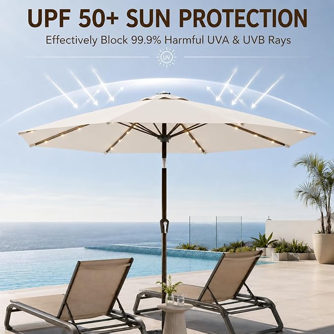 10FT Solar Lighted Patio Umbrella, Outdoor Table Market Umbrellas with Push Button Tilt and Crank, 32 LED Lights, 8 Sturdy Ribs, UV-Resistant for Deck, Garden, Pool