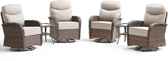 Luxury Wicker Patio Furniture Set with 6-Inch Thick Cushions, 6 Pieces Outdoor Swivel Rocker Patio Chairs Set of 4 with Rattan Side Table, Ooutdoor Patio Conversation Sets for Garden Porch Deck, Beige