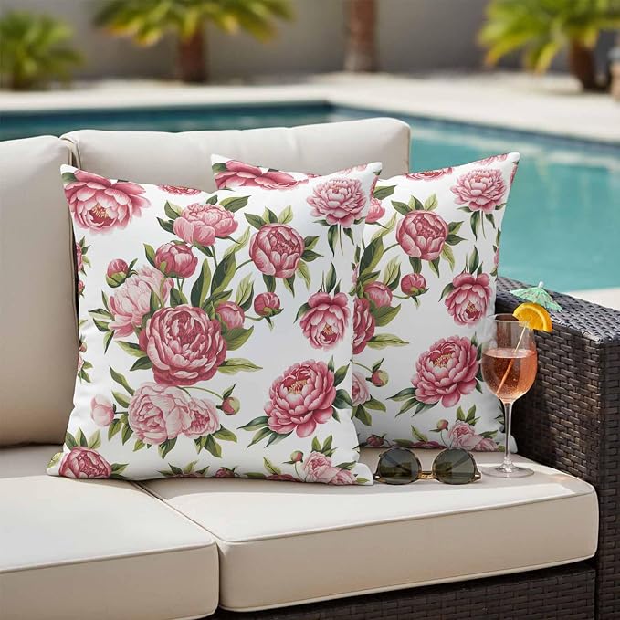 Pink Floral Outdoor Pillow Covers 24x24 Inch Throw Pillow Covers Set of 2 Waterproof Decorative Pillow Cases Pastoral Botanical Leaves Farmhouse Rustic Cushion Covers for Patio Furniture Garden Couch