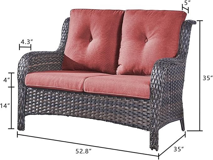 Rilyson Outdoor Loveseat Wicker Patio Sofa - 2 Seat Rattan Outdoor Couch Patio Furniture with Deep Seating and Comfortable Cushions for Outside Porch Deck Balcony(Brown/Red)