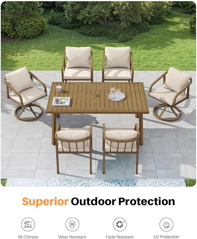 7 Pieces Outdoor Dining Set, Never-Rust Aluminum Patio Dining Set for 6, Patio Dining Table Set with 2 Swivel Chairs, 4 Dining Chairs, Outdoor Furniture Set for Commercial, Deck, Garden, Teak